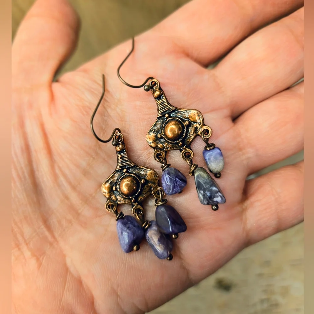 Steppe Warrior's Purple Siberian Charoite In Rugged Antique Copper Earrings - Picture 6 of 8